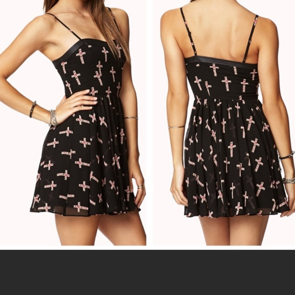 Leather trimmed fitted tank dress w/Cross Print
